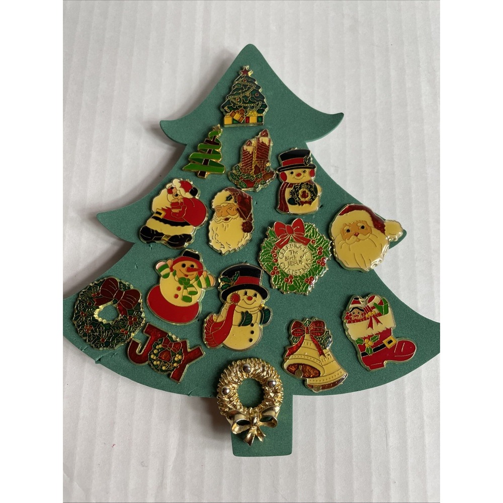 Vintage Christmas Enamel Lapel Pins Pinbacks: Wreath, Snowman, Santa, Lot Of 15